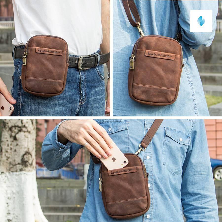 Genuine leather vintage men phone bag for belt shoulder bag with card ...